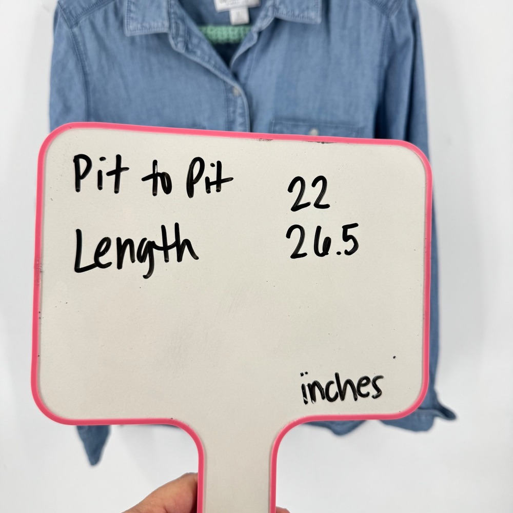 Liz Claiborne Simply Liz Button Down Denim Blue L Organic Cotton Chambray Top - Picture 6 of 7